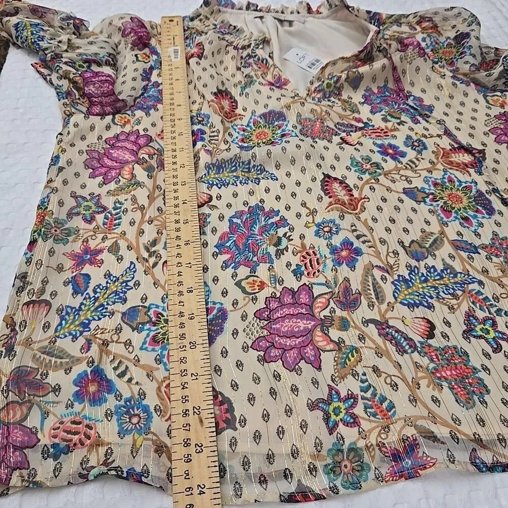 Loft  Top Sparkle Shimmer Vine Lined Puff Sleeve Ruffle Boho Floral Gold Sz M